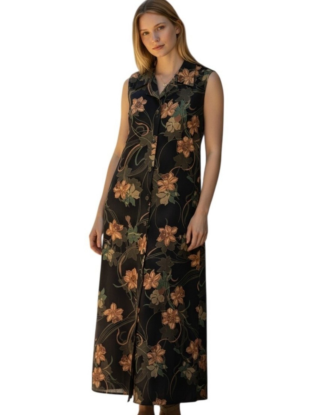 Sleeveless Black Floral Maxi Dress with Button Front 6P Rayon Tropical Beach